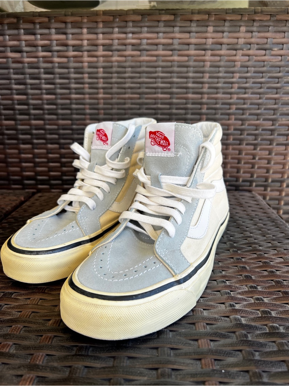 Vans High-Top Sneakers in Light Blue & White with Red Logo